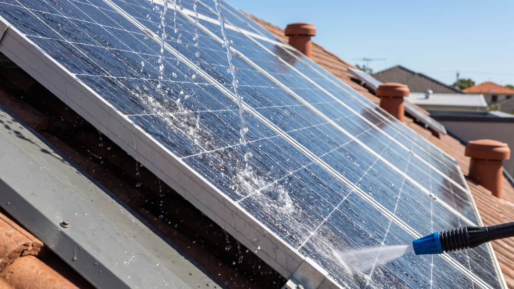 Water rinsing across a solar panel on a tiled Perth roof, neighbouring rooftops beyond, Cockburn Central