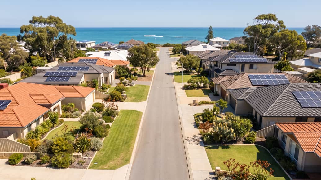 A Perth coastal suburb near the beach, a home with solar panels visible, Mosman Park