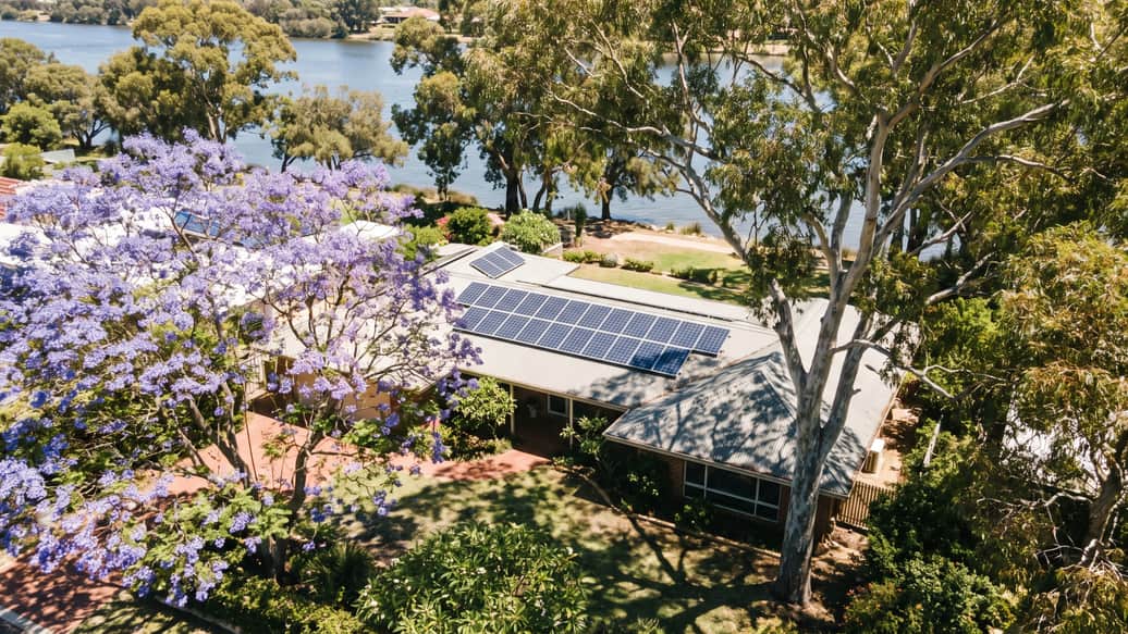 A Perth riverside suburb under jacaranda and gum trees, a home with solar panels visible, Bicton