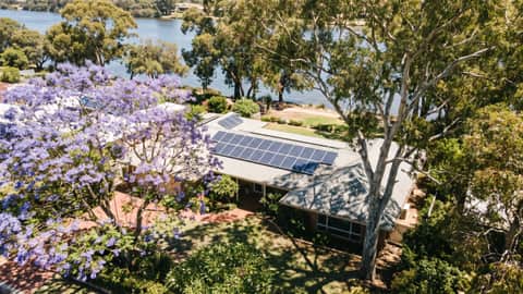 A Perth riverside suburb under jacaranda and gum trees, a home with solar panels visible, Bicton