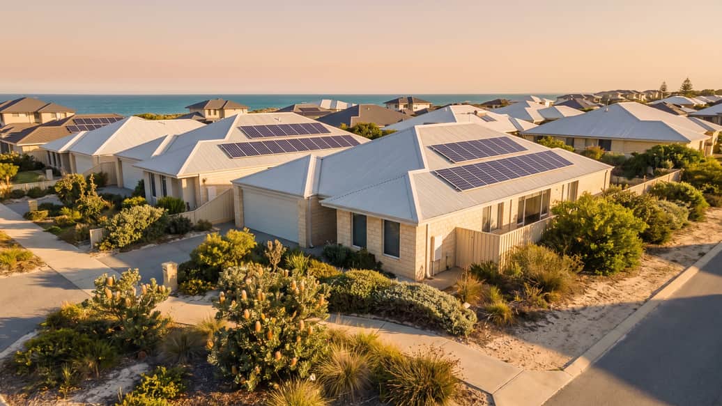 A Perth coastal suburb near the beach, a home with solar panels visible, Rockingham