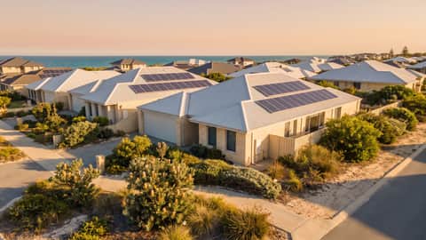 A Perth coastal suburb near the beach, a home with solar panels visible, Rockingham