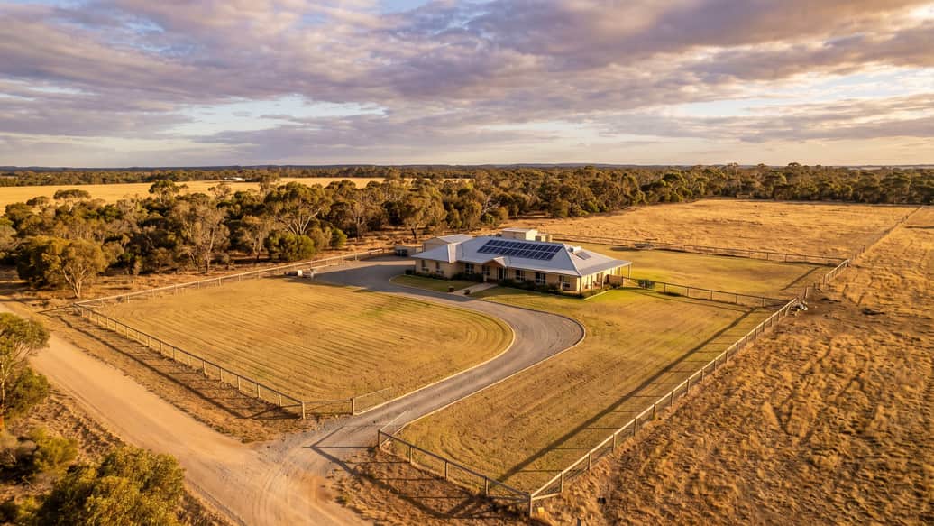 A rural-residential home with solar panels on a larger acreage block, Banjup