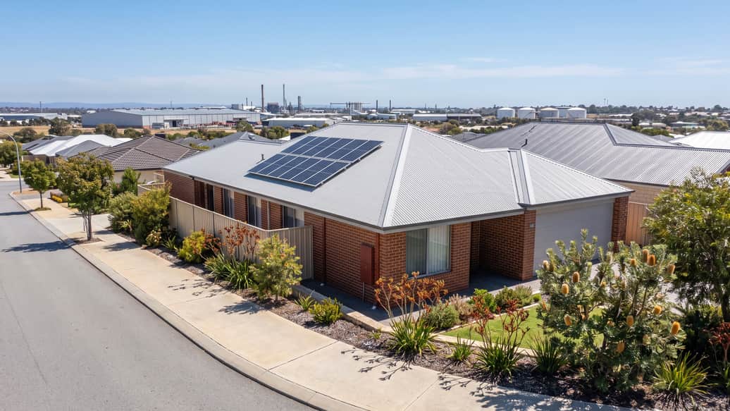 An established Perth home with solar panels, an industrial precinct visible on the horizon, Spearwood