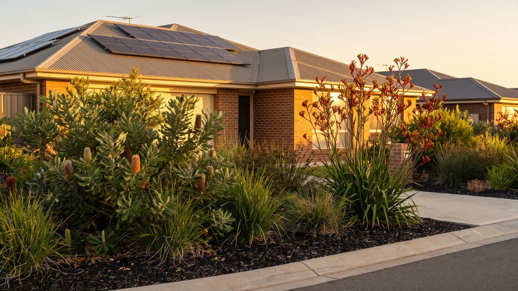 A leafy Perth suburban street with mature trees, a home with solar panels visible, Success