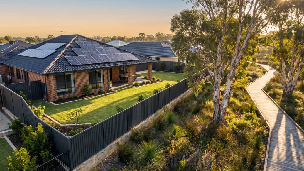 A Perth suburb near wetland reserve bushland, a home with solar panels visible, Yangebup