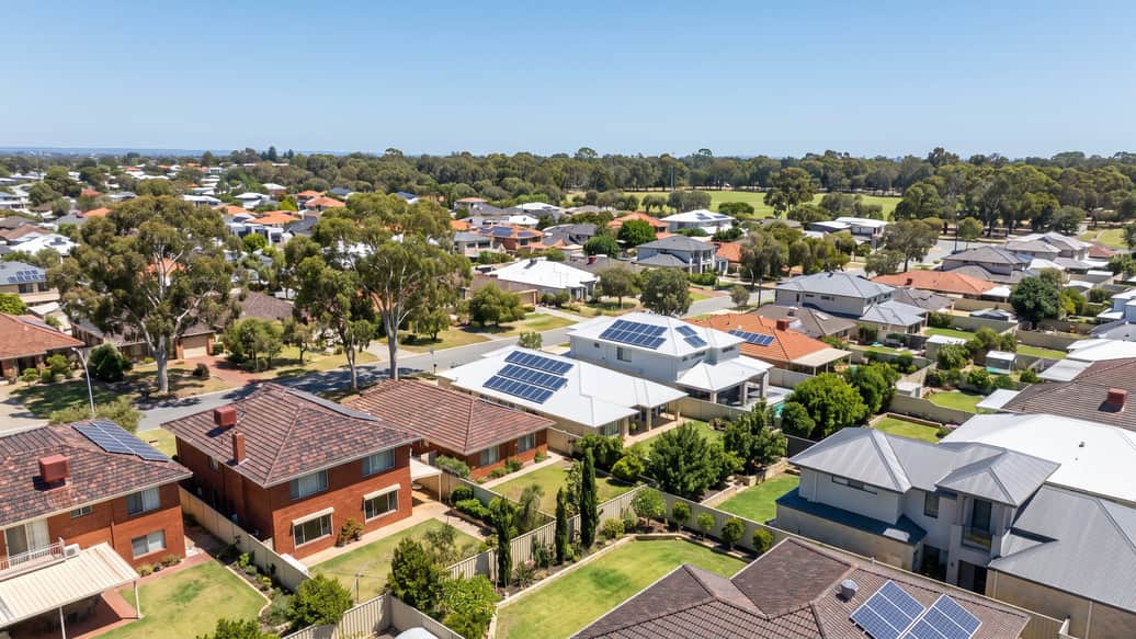 A leafy Perth suburban street with mature trees, a home with solar panels visible, Willetton